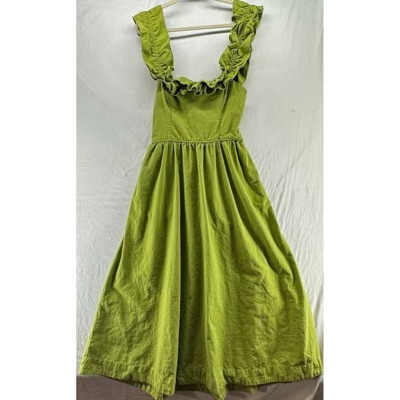 Free People Dresses & Skirts - Free People Lime Green Ruffle Neck Tie Back Cotton Midi Dress Womens Medium